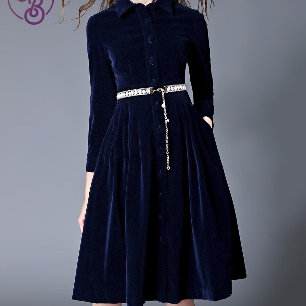 Blue Velvet Belted Dress  by Couer de Vague